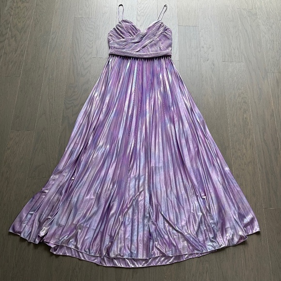 Ieena for Mac Duggal Purple Metallic Iridescent Maxi Dress Gown Pleated V-neck 6 - Picture 2 of 11
